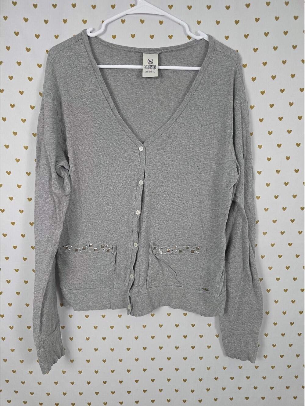 Victorias Secret Pink Vintage y2k Bling Button Front Studded Cardigan Sweater L